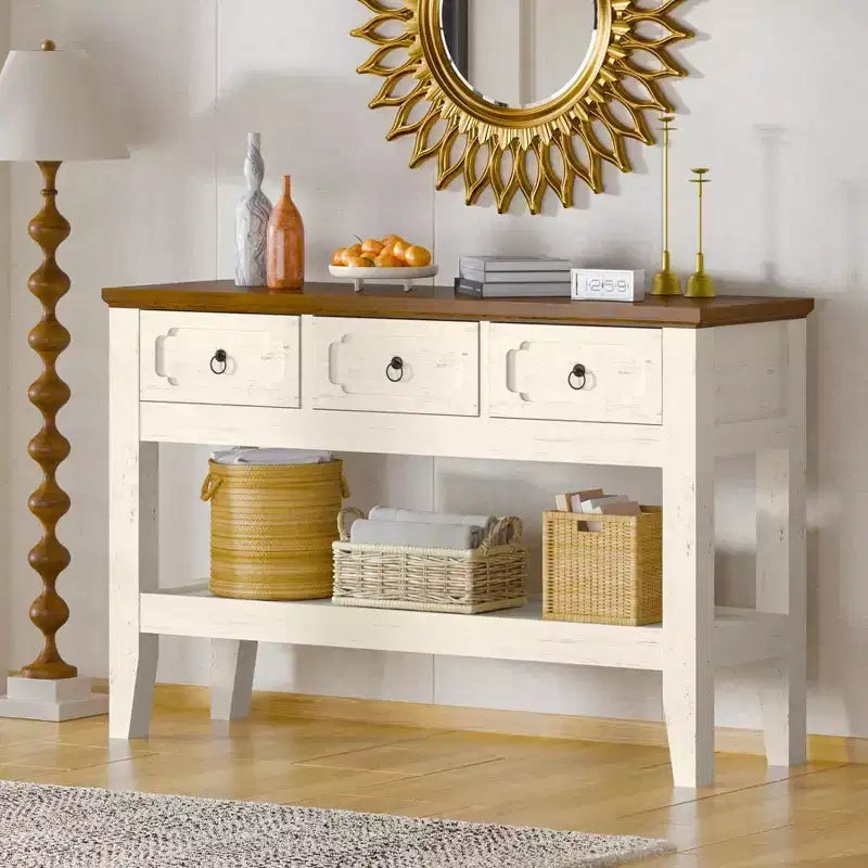 Table console 47" avec tiroirs, table d'entrée rustique de style ferme avec étagère inférieure et pieds en bois massif pour entrée, salon, vestibule, hall d'accueil