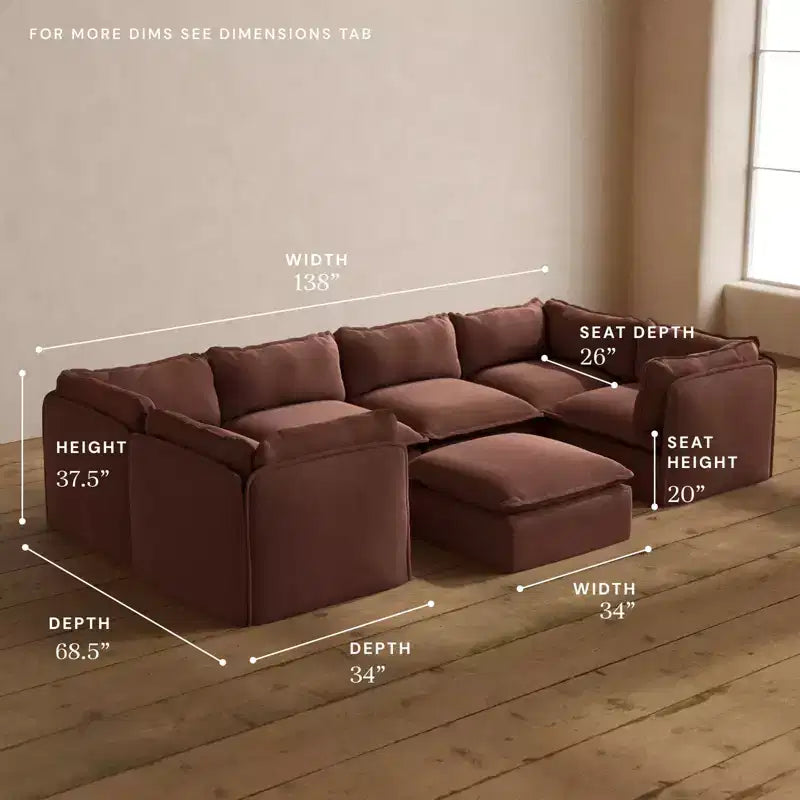 Canapé d'angle en U modulaire et lavable 6 places Anabei + Pouf | Assise Memorix+ et coussin profilé