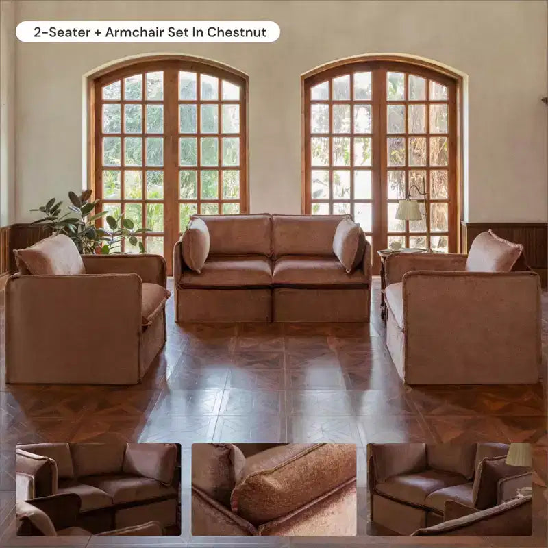 Canapé d'angle en U modulaire et lavable 6 places Anabei + Pouf | Assise Memorix+ et coussin profilé