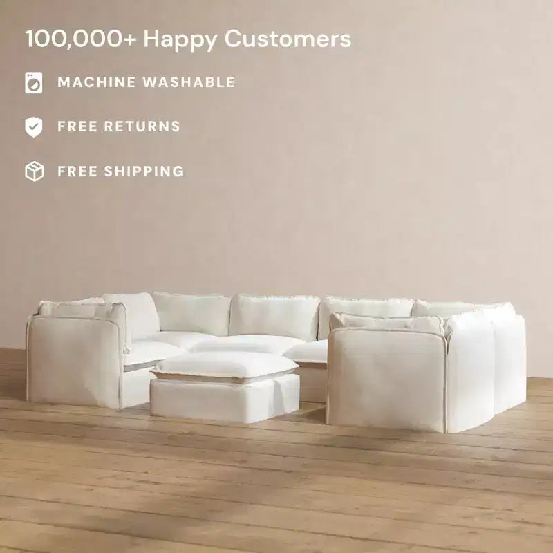 Canapé d'angle en U modulaire et lavable 6 places Anabei + Pouf | Assise Memorix+ et coussin profilé