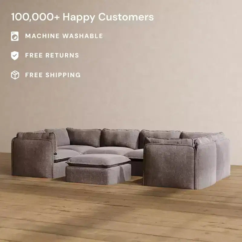 Canapé d'angle en U modulaire et lavable 6 places Anabei + Pouf | Assise Memorix+ et coussin profilé