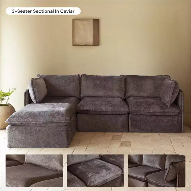 Canapé d'angle en U modulaire et lavable 6 places Anabei + Pouf | Assise Memorix+ et coussin profilé