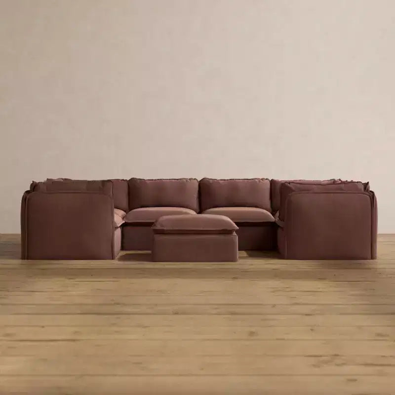 Canapé d'angle en U modulaire et lavable 6 places Anabei + Pouf | Assise Memorix+ et coussin profilé