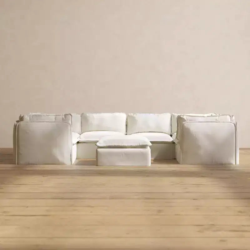 Canapé d'angle en U modulaire et lavable 6 places Anabei + Pouf | Assise Memorix+ et coussin profilé
