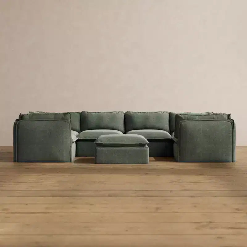 Canapé d'angle en U modulaire et lavable 6 places Anabei + Pouf | Assise Memorix+ et coussin profilé