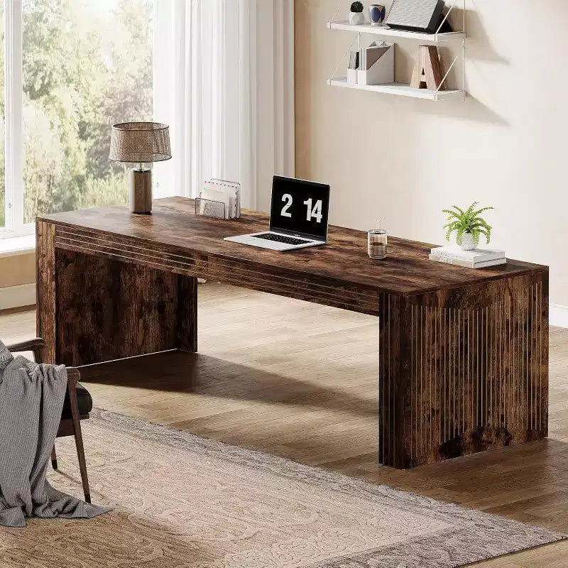 Lantine - Grand bureau de 200 cm, double bureau pour deux personnes pour bureau à domicile, longue table d'écriture en bois pour bureau, marron vintage