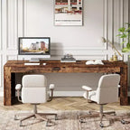 Lantine - Grand bureau de 200 cm, double bureau pour deux personnes pour bureau à domicile, longue table d'écriture en bois pour bureau, marron vintage