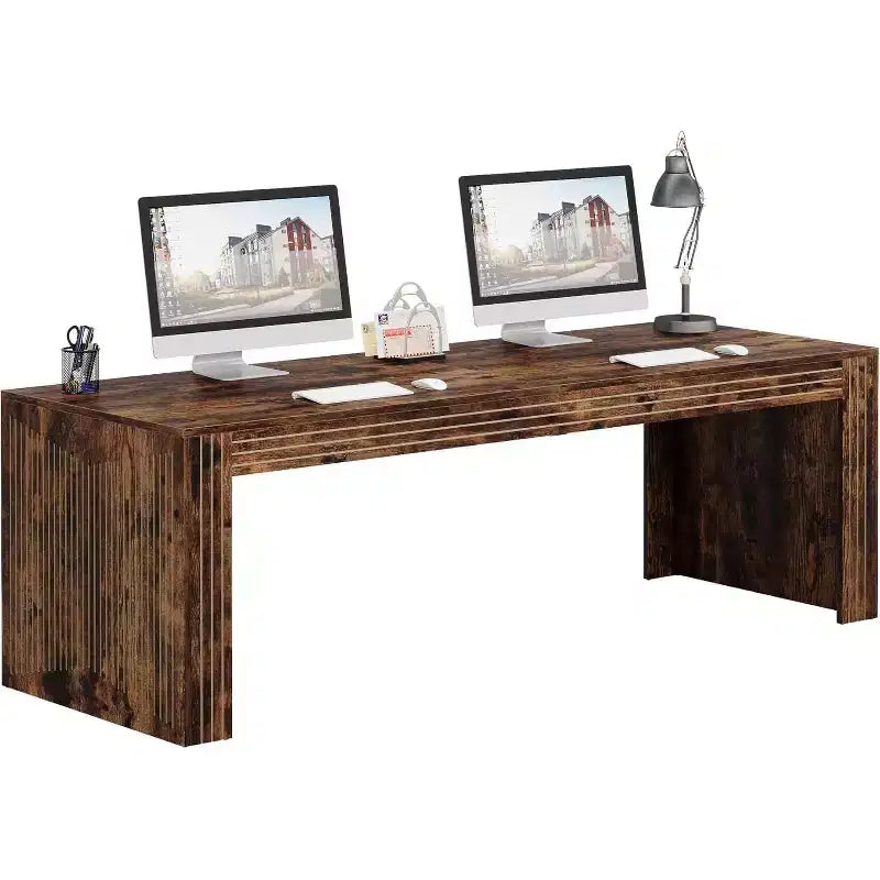 Lantine - Grand bureau de 200 cm, double bureau pour deux personnes pour bureau à domicile, longue table d'écriture en bois pour bureau, marron vintage