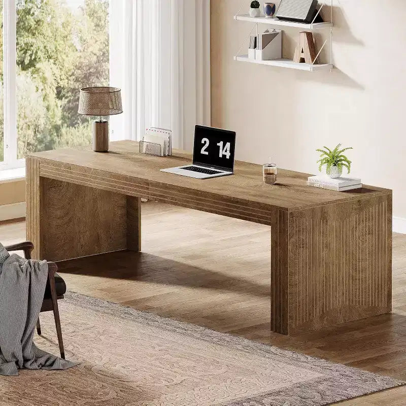 Lantine - Grand bureau de 200 cm, double bureau pour deux personnes pour bureau à domicile, longue table d'écriture en bois pour bureau, marron vintage
