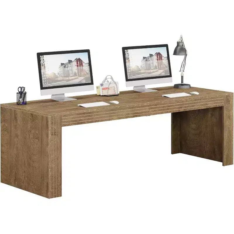 Lantine - Grand bureau de 200 cm, double bureau pour deux personnes pour bureau à domicile, longue table d'écriture en bois pour bureau, marron vintage