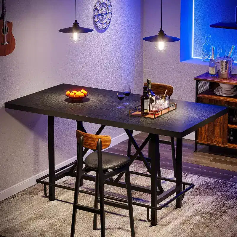 Table de bar Lantine 63 pouces, table de pub de hauteur de comptoir industrielle avec repose-pieds en métal pour salle à manger, bar à domicile, noir