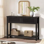 Console d'entrée cannelée 2 tiroirs Table d'appoint étroite avec étagère de rangement, finition bois naturel pour salon, couloir ou hall d'entrée