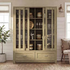 Hitow 63W Buffet de cuisine en chêne rustique avec portes vitrées coulissantes et 2 grands tiroirs – Grande armoire de rangement pour salle à manger