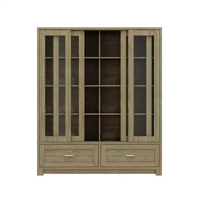 Hitow 63W Buffet de cuisine en chêne rustique avec portes vitrées coulissantes et 2 grands tiroirs – Grande armoire de rangement pour salle à manger