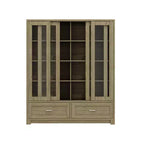 Hitow 63W Buffet de cuisine en chêne rustique avec portes vitrées coulissantes et 2 grands tiroirs – Grande armoire de rangement pour salle à manger