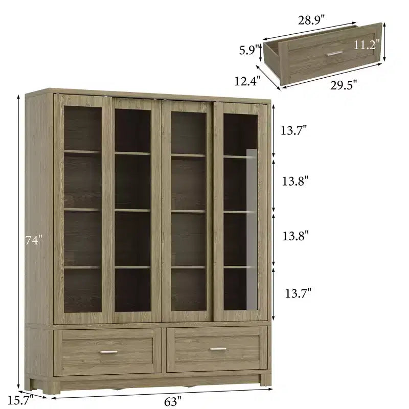 Hitow 63W Buffet de cuisine en chêne rustique avec portes vitrées coulissantes et 2 grands tiroirs – Grande armoire de rangement pour salle à manger