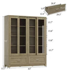 Hitow 63W Buffet de cuisine en chêne rustique avec portes vitrées coulissantes et 2 grands tiroirs – Grande armoire de rangement pour salle à manger