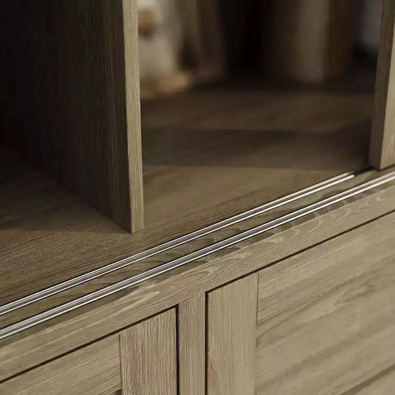 Hitow 63W Buffet de cuisine en chêne rustique avec portes vitrées coulissantes et 2 grands tiroirs – Grande armoire de rangement pour salle à manger