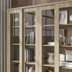 Hitow 63W Buffet de cuisine en chêne rustique avec portes vitrées coulissantes et 2 grands tiroirs – Grande armoire de rangement pour salle à manger