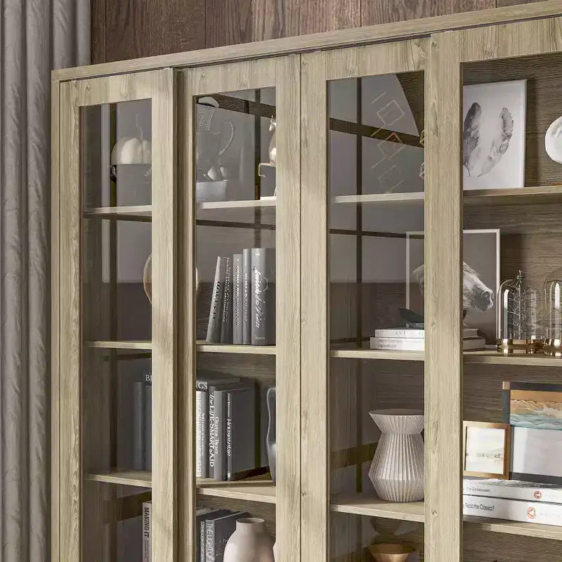 Hitow 63W Buffet de cuisine en chêne rustique avec portes vitrées coulissantes et 2 grands tiroirs – Grande armoire de rangement pour salle à manger
