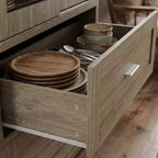 Hitow 63W Buffet de cuisine en chêne rustique avec portes vitrées coulissantes et 2 grands tiroirs – Grande armoire de rangement pour salle à manger