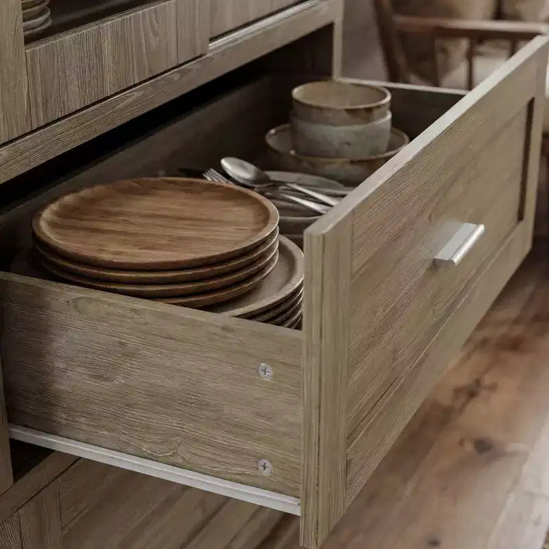Hitow 63W Buffet de cuisine en chêne rustique avec portes vitrées coulissantes et 2 grands tiroirs – Grande armoire de rangement pour salle à manger