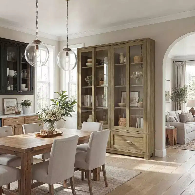 Hitow 63W Buffet de cuisine en chêne rustique avec portes vitrées coulissantes et 2 grands tiroirs – Grande armoire de rangement pour salle à manger