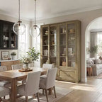 Hitow 63W Buffet de cuisine en chêne rustique avec portes vitrées coulissantes et 2 grands tiroirs – Grande armoire de rangement pour salle à manger