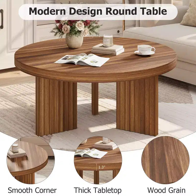 COZONY Petite Table Basse Ronde 85 cm avec Plateau Épais, Pieds Cannelés, Table d'Appoint pour Salon Chambre, Montage Facile