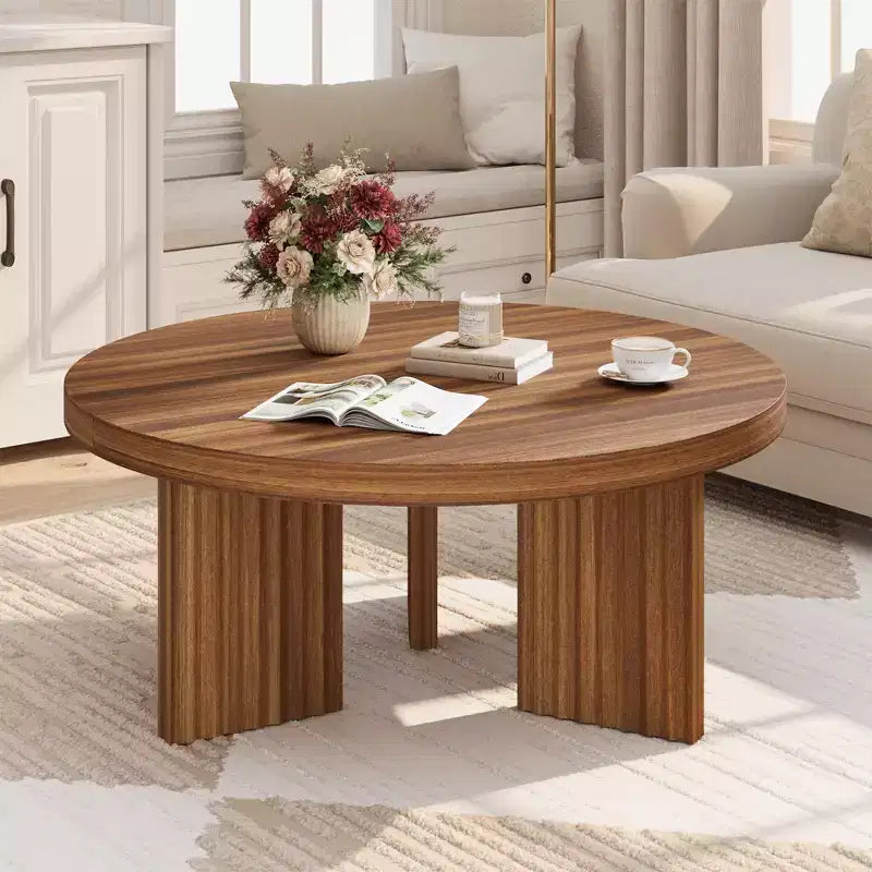 COZONY Petite Table Basse Ronde 85 cm avec Plateau Épais, Pieds Cannelés, Table d'Appoint pour Salon Chambre, Montage Facile