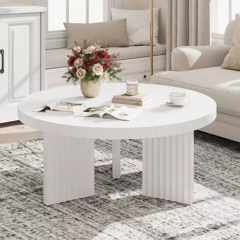 COZONY Petite Table Basse Ronde 85 cm avec Plateau Épais, Pieds Cannelés, Table d'Appoint pour Salon Chambre, Montage Facile
