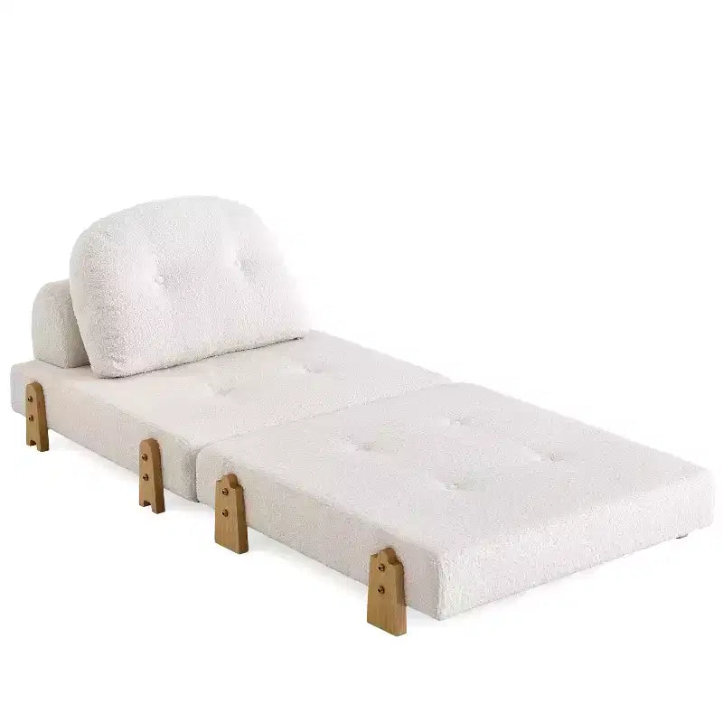 Canapé-lit convertible ModernLuxe en tissu Teddy, fauteuil ottoman pliant capitonné avec oreiller et pieds en bois massif, beige