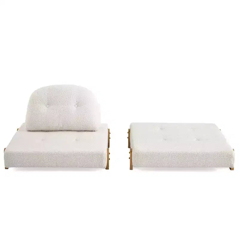 Canapé-lit convertible ModernLuxe en tissu Teddy, fauteuil ottoman pliant capitonné avec oreiller et pieds en bois massif, beige