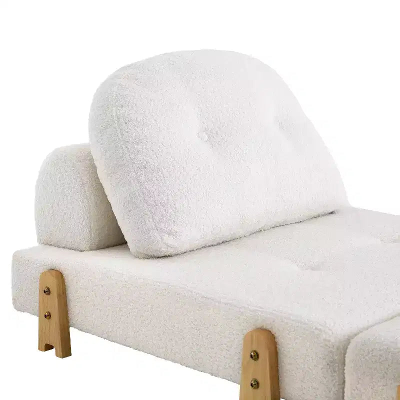 Canapé-lit convertible ModernLuxe en tissu Teddy, fauteuil ottoman pliant capitonné avec oreiller et pieds en bois massif, beige