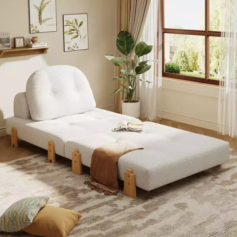 Canapé-lit convertible ModernLuxe en tissu Teddy, fauteuil ottoman pliant capitonné avec oreiller et pieds en bois massif, beige