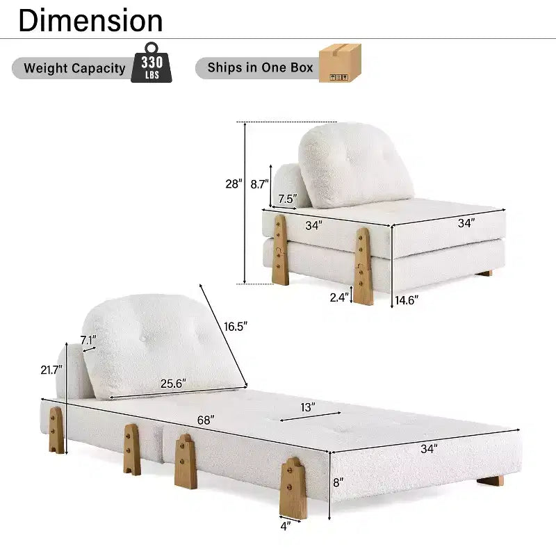 Canapé-lit convertible ModernLuxe en tissu Teddy, fauteuil ottoman pliant capitonné avec oreiller et pieds en bois massif, beige