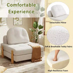 Canapé-lit convertible ModernLuxe en tissu Teddy, fauteuil ottoman pliant capitonné avec oreiller et pieds en bois massif, beige