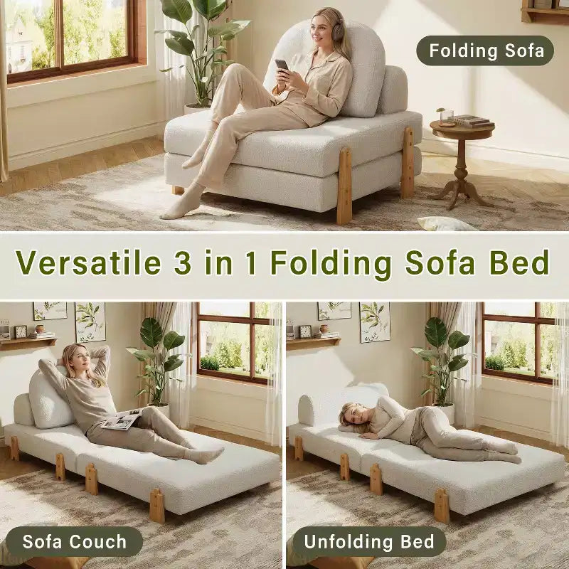 Canapé-lit convertible ModernLuxe en tissu Teddy, fauteuil ottoman pliant capitonné avec oreiller et pieds en bois massif, beige