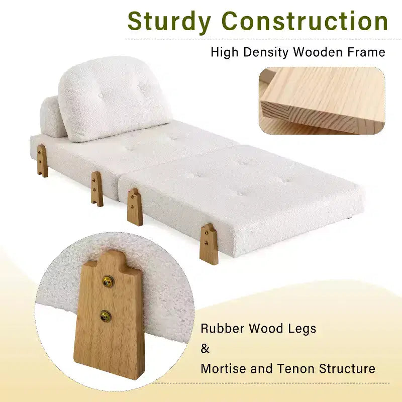 Canapé-lit convertible ModernLuxe en tissu Teddy, fauteuil ottoman pliant capitonné avec oreiller et pieds en bois massif, beige