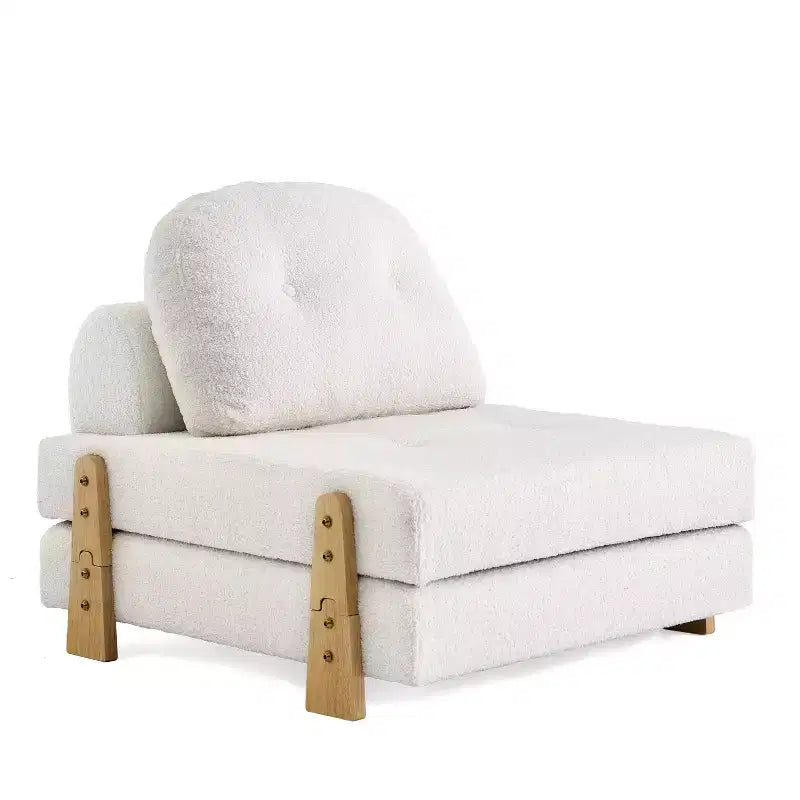 Canapé-lit convertible ModernLuxe en tissu Teddy, fauteuil ottoman pliant capitonné avec oreiller et pieds en bois massif, beige