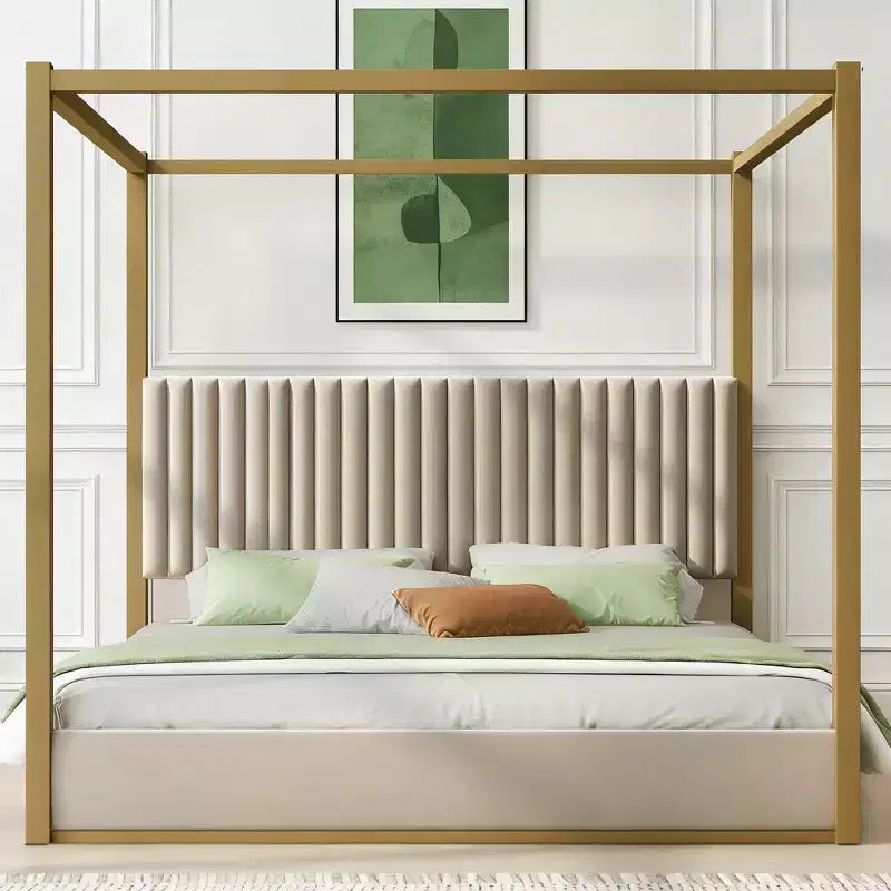Luxystar Lit plateforme moderne à baldaquin King Size avec tête de lit rembourrée et cadre en métal