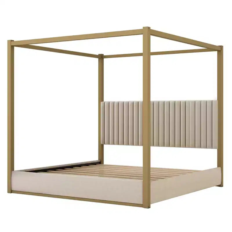 Luxystar Lit plateforme moderne à baldaquin King Size avec tête de lit rembourrée et cadre en métal