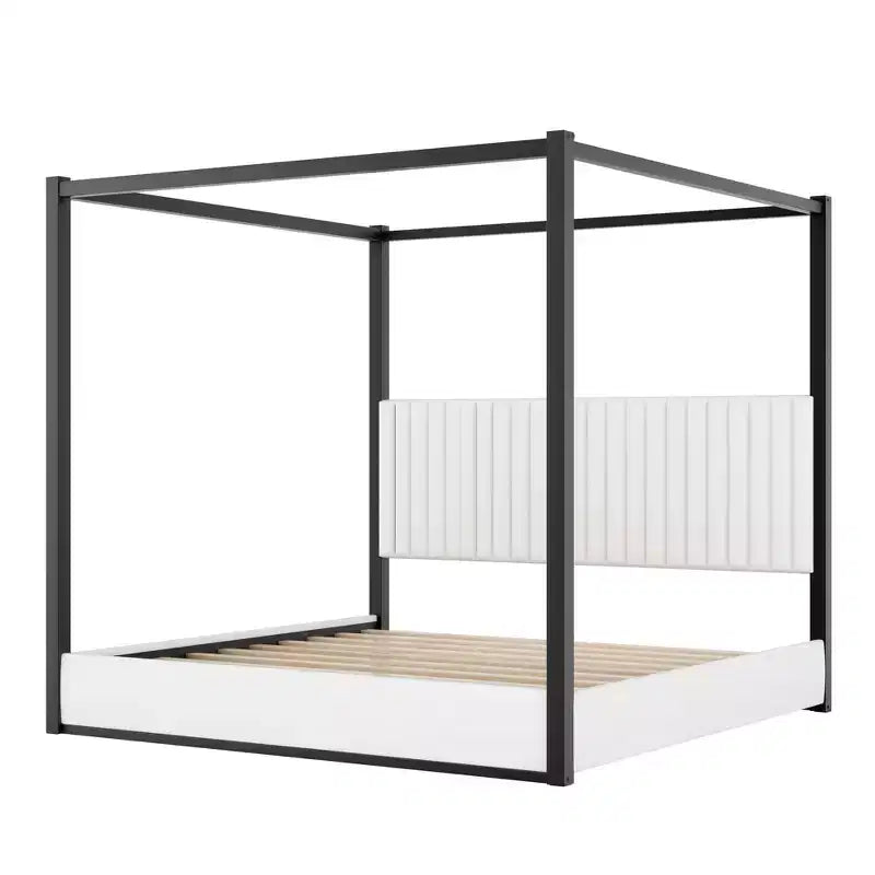 Luxystar Lit plateforme moderne à baldaquin King Size avec tête de lit rembourrée et cadre en métal