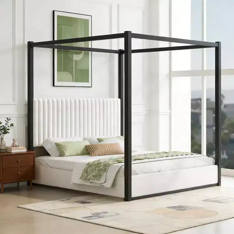 Luxystar Lit plateforme moderne à baldaquin King Size avec tête de lit rembourrée et cadre en métal