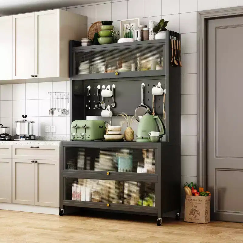 Étagère de cuisine haute de 65 po avec armoire à porte basculante, support de micro-ondes à 5 niveaux, bar à café, Gris