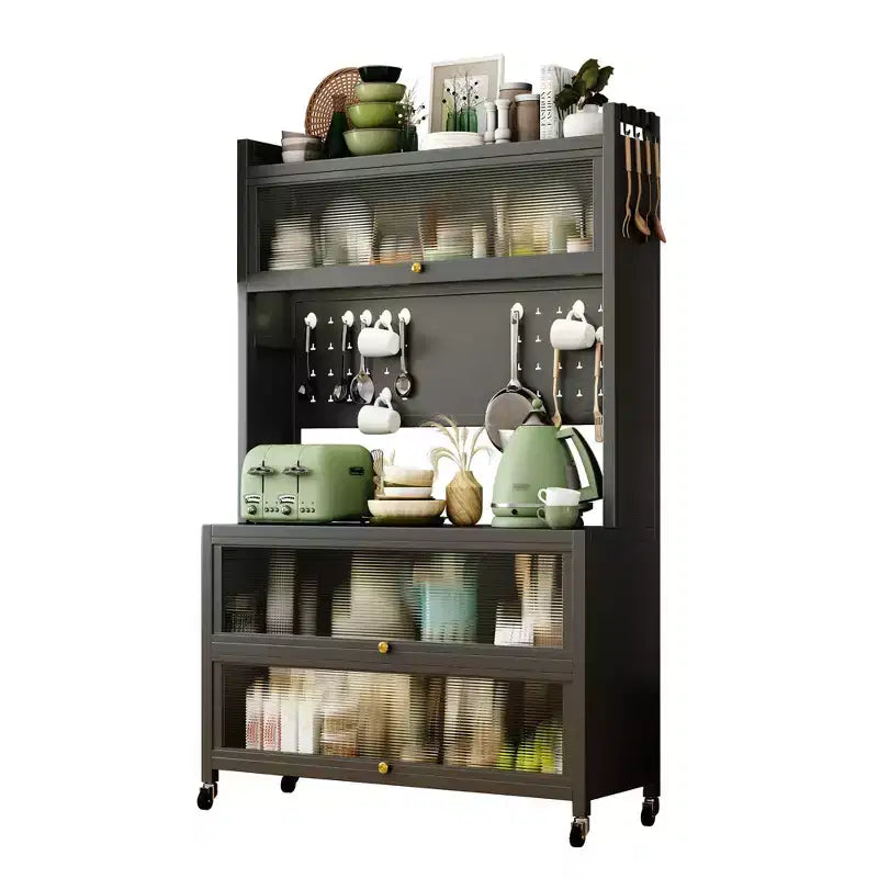 Étagère de cuisine haute de 65 po avec armoire à porte basculante, support de micro-ondes à 5 niveaux, bar à café, Gris
