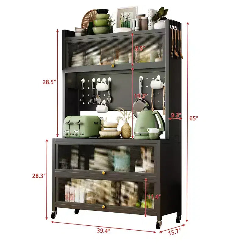 Étagère de cuisine haute de 65 po avec armoire à porte basculante, support de micro-ondes à 5 niveaux, bar à café, Gris