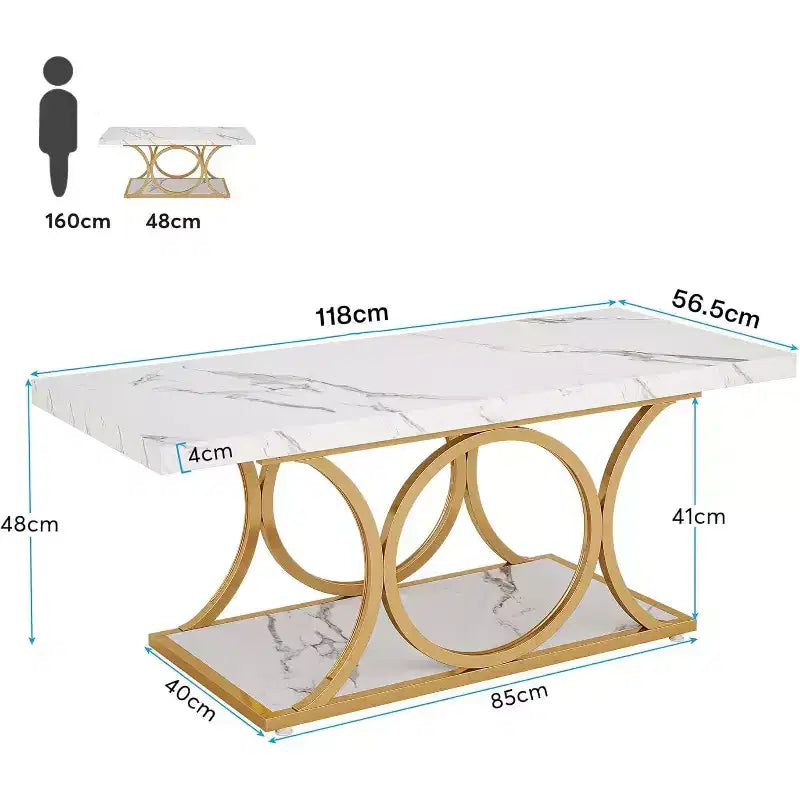 Table basse moderne Lantine de 118 cm à 2 niveaux avec plateau en faux marbre, pieds géométriques, étagère de rangement pour salon (Blanc et Or)