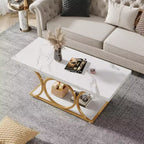 Table basse moderne Lantine de 118 cm à 2 niveaux avec plateau en faux marbre, pieds géométriques, étagère de rangement pour salon (Blanc et Or)