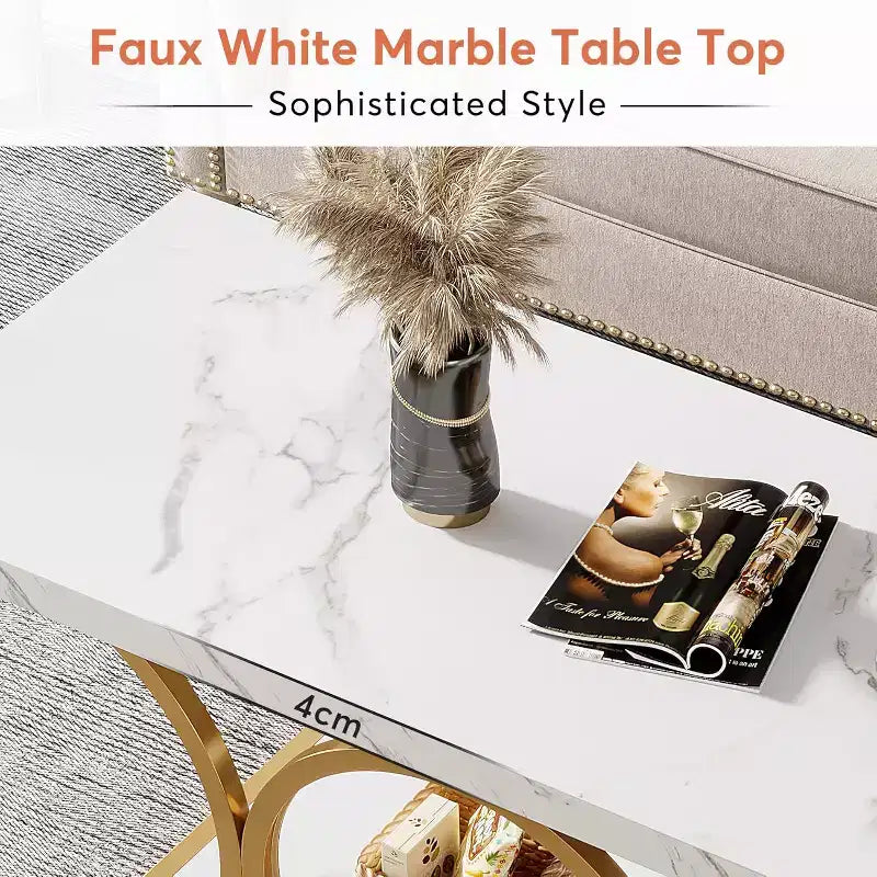 Table basse moderne Lantine de 118 cm à 2 niveaux avec plateau en faux marbre, pieds géométriques, étagère de rangement pour salon (Blanc et Or)